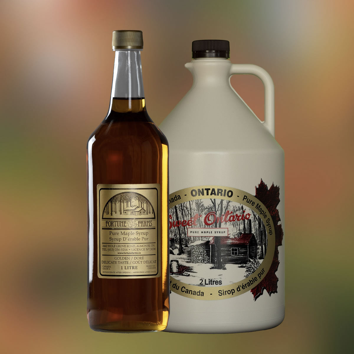 Photo of a single 1 litre glass bottle of maple syrup next to a single 4 litre jug of maple syrup