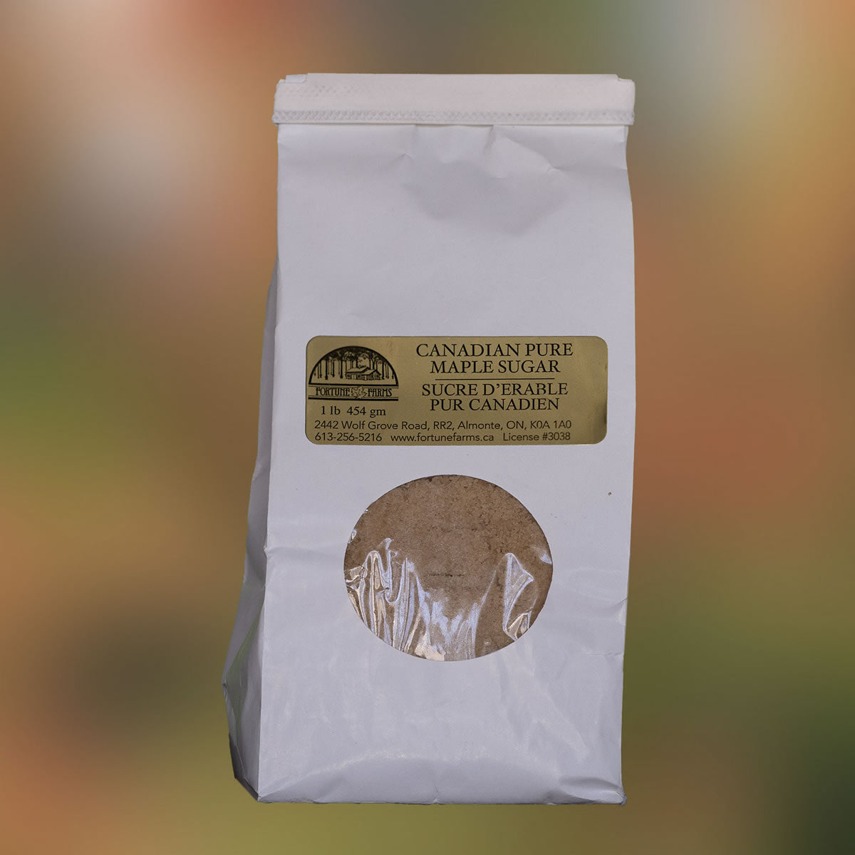 Photo of a bag of maple sugar from Fortune Farms.
