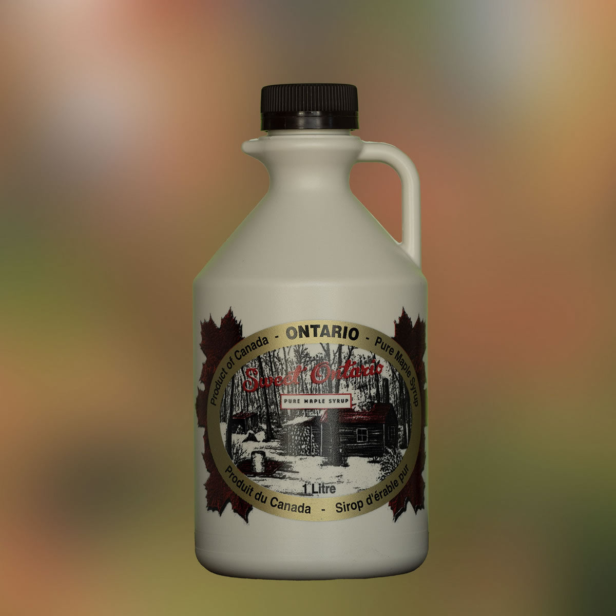 Photo of a single 1 litre plastic jug of maple syrup
